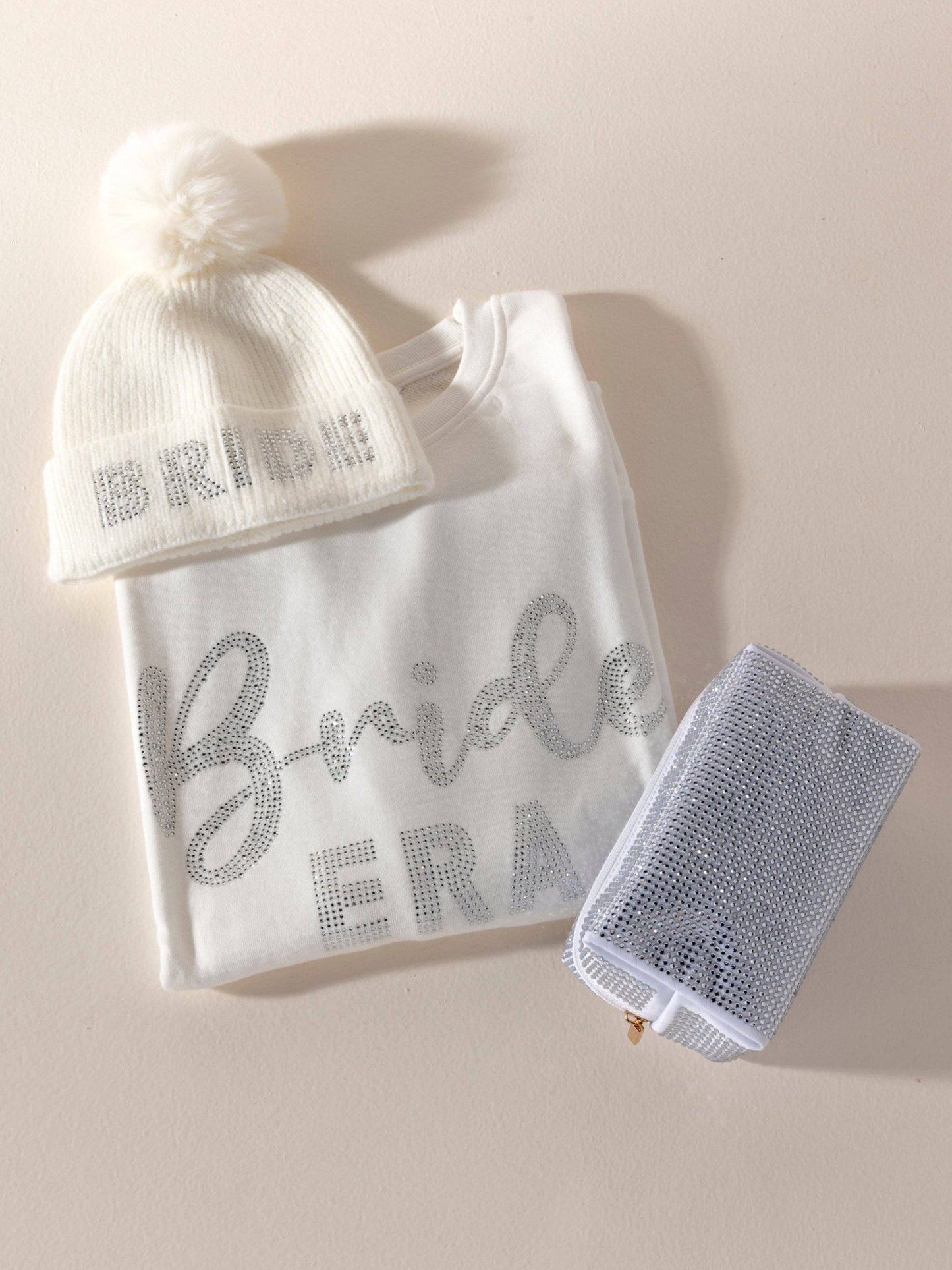 "BRIDE" Rhinestone Pom Beanie - Ivory - Nifty Decor & More