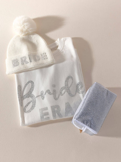 "BRIDE" Rhinestone Pom Beanie - Ivory - Nifty Decor & More