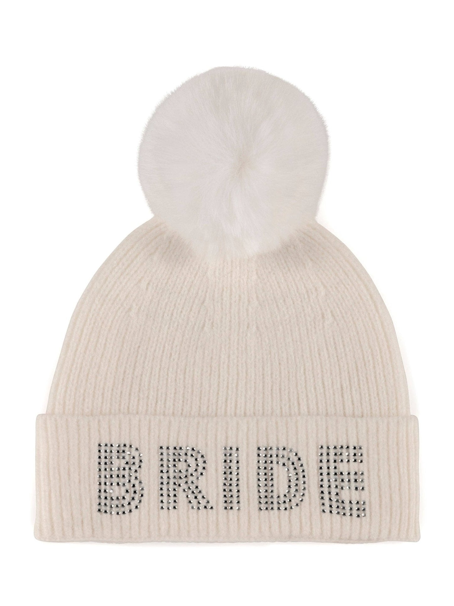 "BRIDE" Rhinestone Pom Beanie - Ivory - Nifty Decor & More