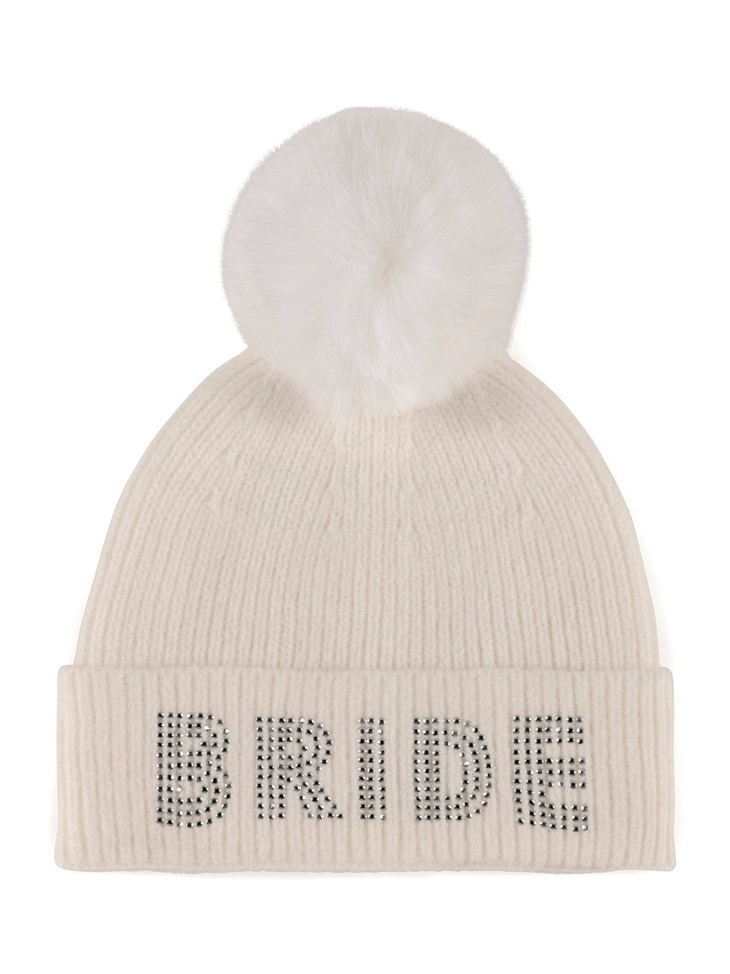 "BRIDE" Rhinestone Pom Beanie - Ivory - Nifty Decor & More