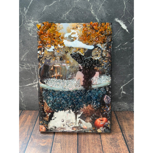 Bubble Bath Witch Decor, Spooky Resin Frame with Crushed Glass, Witchy Bathroom Art, Unique Gift for Witch Lovers