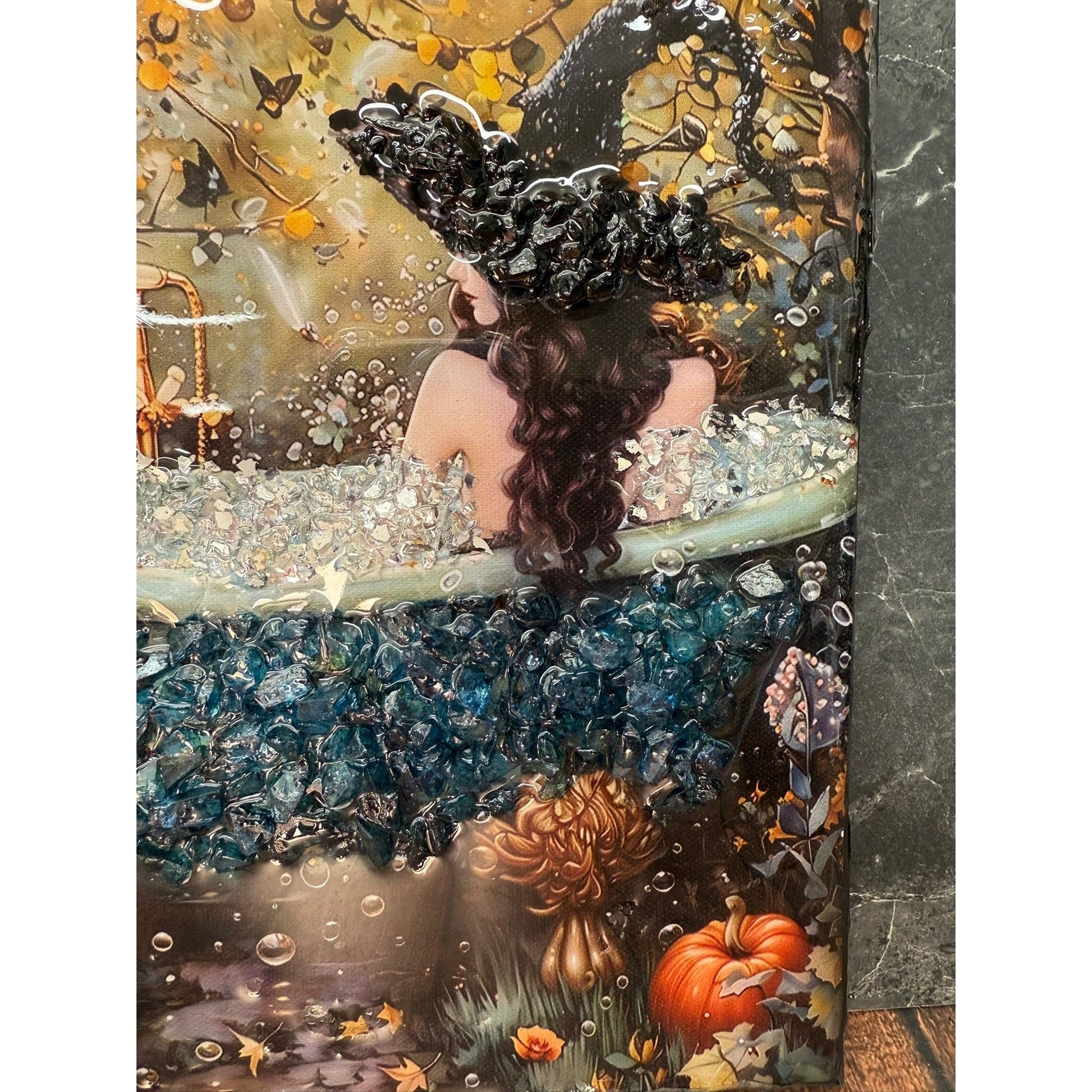 Bubble Bath Witch Decor, Spooky Resin Frame with Crushed Glass, Witchy Bathroom Art, Unique Gift for Witch Lovers