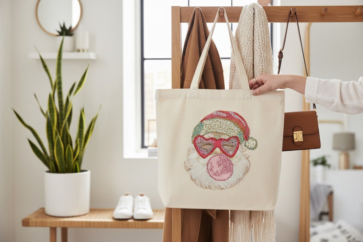 Bubblegum Santa Embroidered Tote Bag - Nifty Decor & More