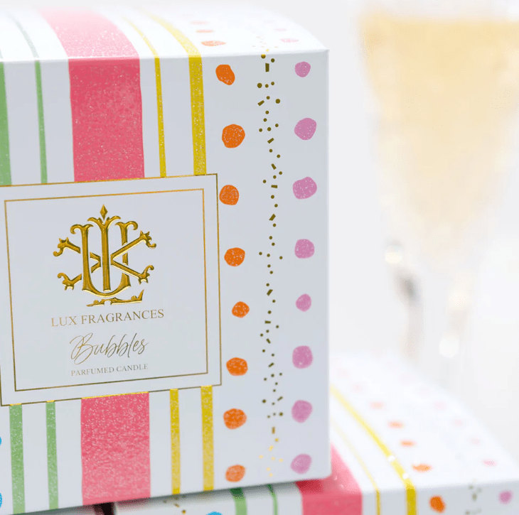 Bubbles 8oz Luxury Designer Box Candle - Champagne, Ripe Peach & Rose Scented Gift Candle - Nifty Decor & More