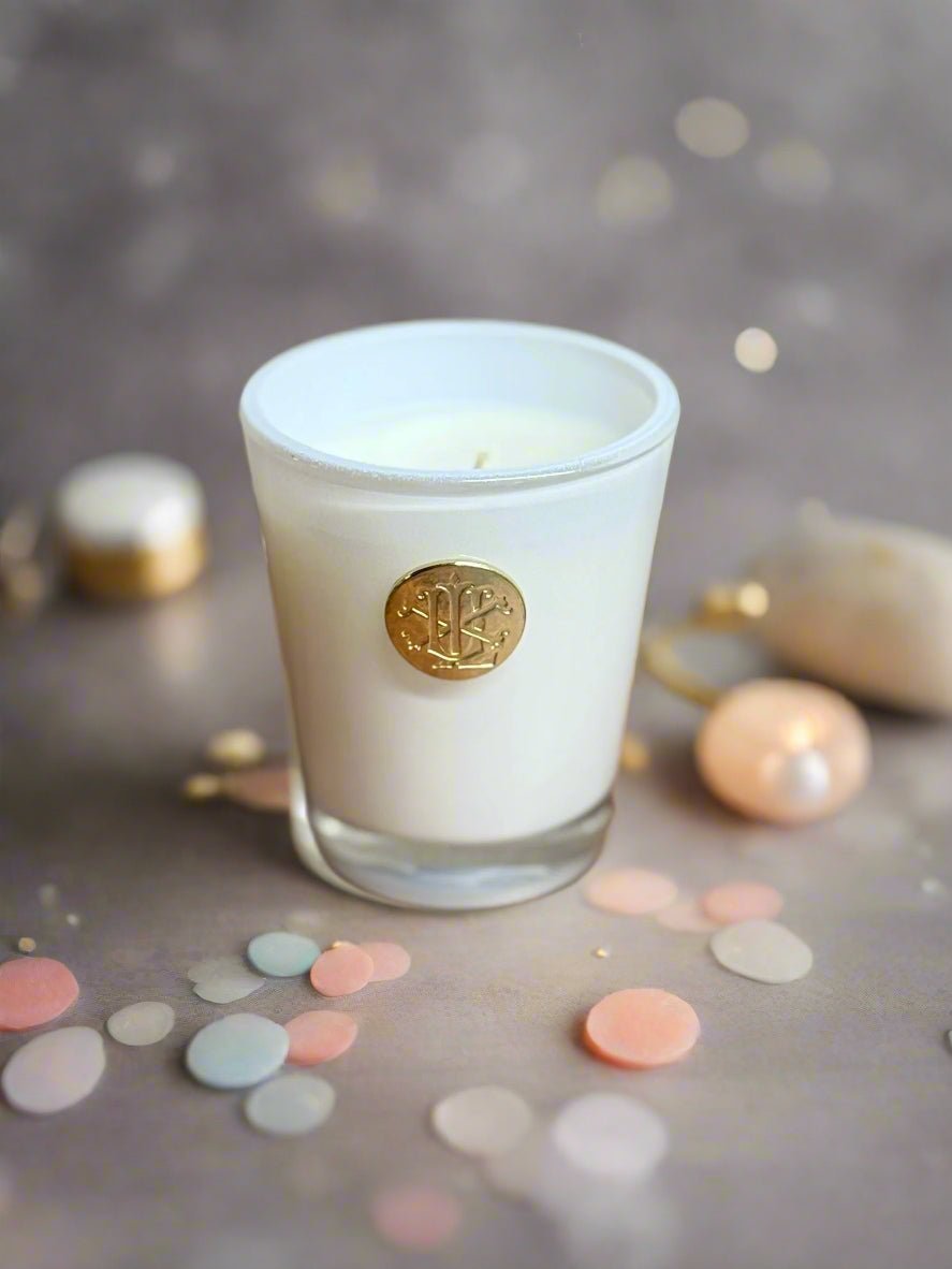 Bubbles 8oz Luxury Designer Box Candle - Champagne, Ripe Peach & Rose Scented Gift Candle - Nifty Decor & More
