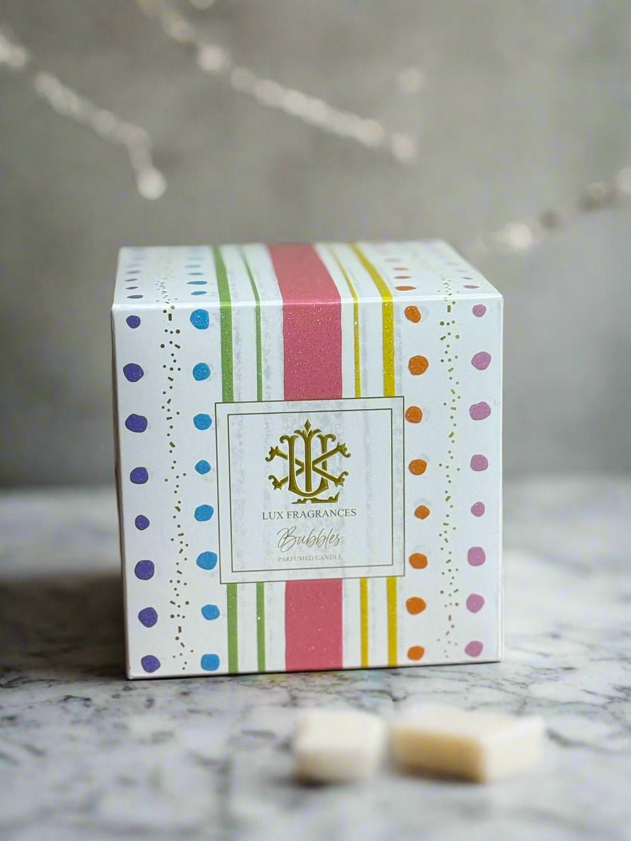 Bubbles Scented 8oz Designer Box Candle, Uplifting Aroma for Home Ambiance, Ideal Gift for Her or Him Candle Holder
