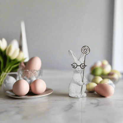 Bunnies with Glasses Place Card Holders - Set of 2, RAZ 5" Easter Table Pieces, Spring Party Decor, Cute Table Decoration