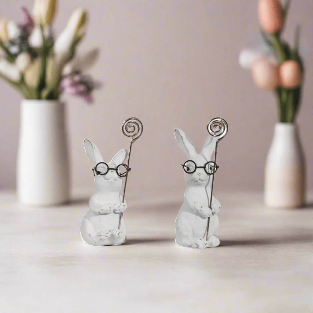 Bunnies with Glasses Place Card Holders - Set of 2, RAZ 5" Easter Table Pieces, Spring Party Decor, Cute Table Decoration - Nifty Decor & More