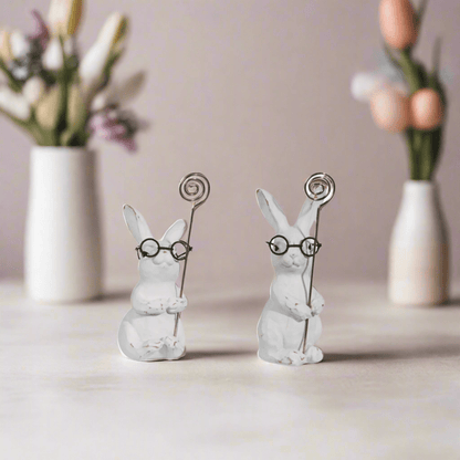 Bunnies with Glasses Place Card Holders - Set of 2, RAZ 5" Easter Table Pieces, Spring Party Decor, Cute Table Decoration - Nifty Decor & More
