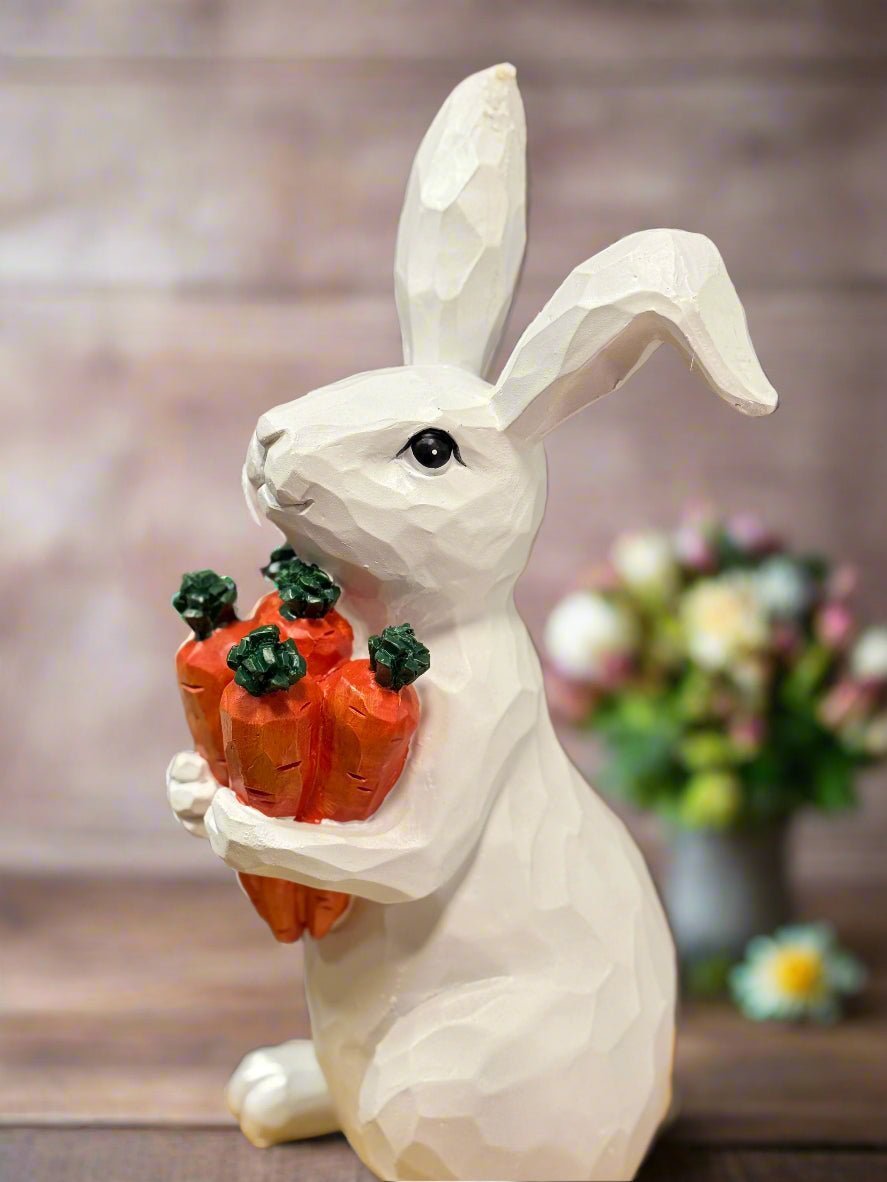 Bunny with Carrots Resin Figurine | Cute Decor for Easter & Spring | Handmade Rabbit Figure for Home - Nifty Decor & More
