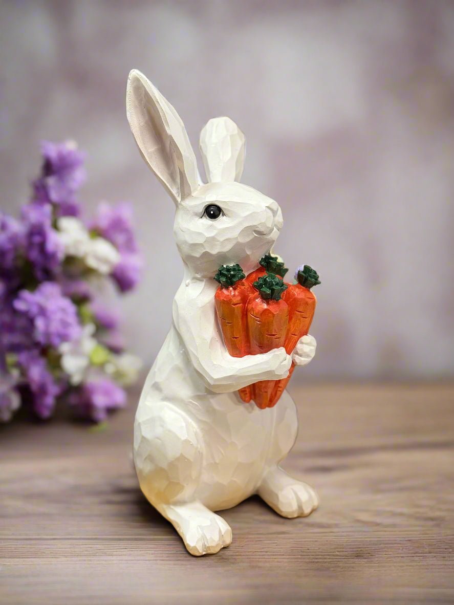 Bunny with Carrots Resin Figurine | Cute Decor for Easter & Spring | Handmade Rabbit Figure for Home - Nifty Decor & More