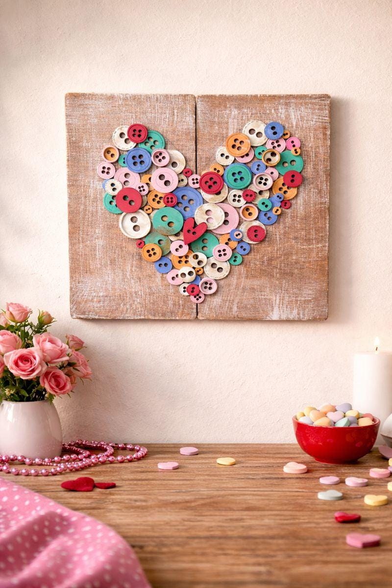Button Heart Wall Art, Valentine Decor, Rustic Heart Sign, Colorful Button Art, Farmhouse Love Decor, Handmade Valentine Wall Hanging - Nifty Decor & More