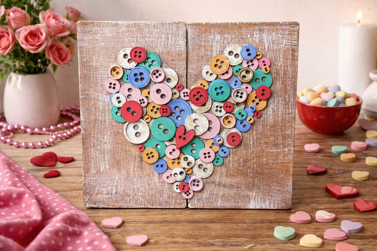 Button Heart Wall Art, Valentine Decor, Rustic Heart Sign, Colorful Button Art, Farmhouse Love Decor, Handmade Valentine Wall Hanging - Nifty Decor & More
