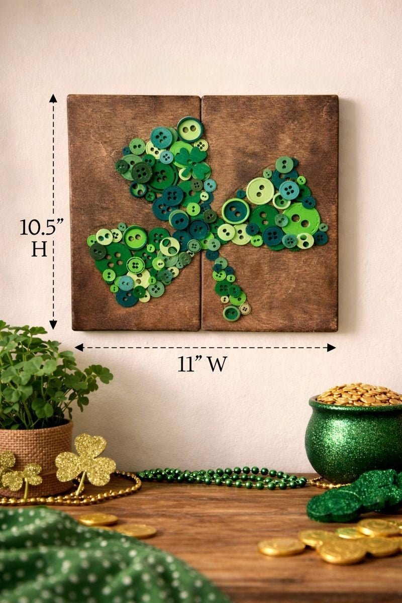 Button Shamrock Wall Art, St Patrick’s Day Decor, Rustic Irish Clover Sign, Green Button Art, Farmhouse Holiday Wall Hanging, Lucky Home Decor - Nifty Decor & More