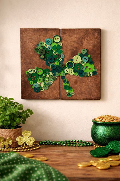 Button Shamrock Wall Art, St Patrick’s Day Decor, Rustic Irish Clover Sign, Green Button Art, Farmhouse Holiday Wall Hanging, Lucky Home Decor - Nifty Decor & More