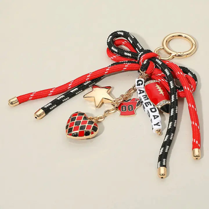 Football Charm Game Day Message Beaded Rope Bow Accent Keychain / Bag Charm Black Gold Red