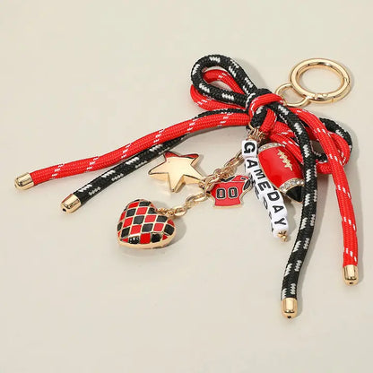 Football Charm Game Day Message Beaded Rope Bow Accent Keychain / Bag Charm Black Gold Red