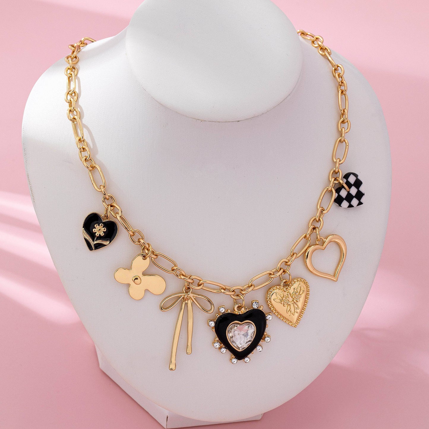 Bow Checker Heart Rhinestone Charm Necklace