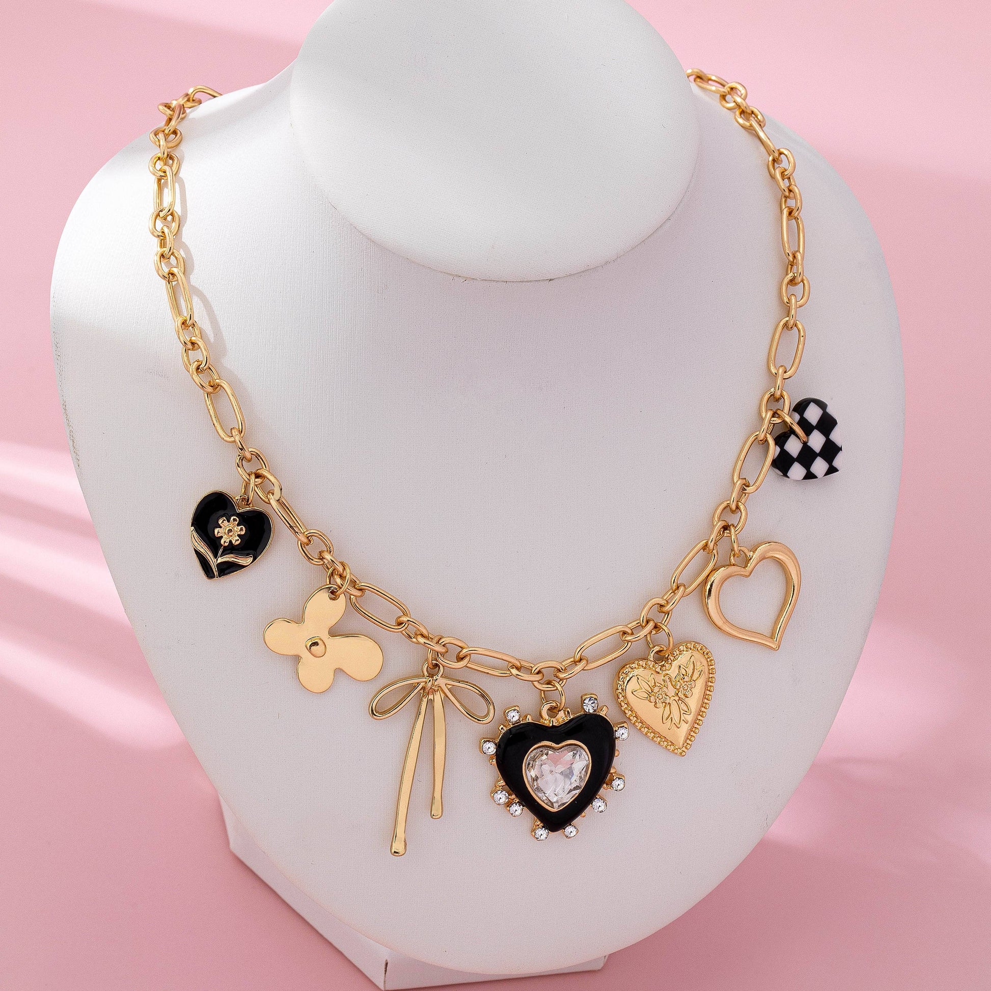 Bow Checker Heart Rhinestone Charm Necklace