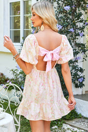 Floral Puff Sleeve Mini Dress, Stylish Square Neck Knot & Open Back, Perfect for Summer Parties & Chic Gifts Dress S
