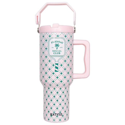 Pickleball Tumbler 38oz, Stylish Pink Green Plaid Insulated Drinkware for On-the-Go, Sporty Gift Idea Tumbler