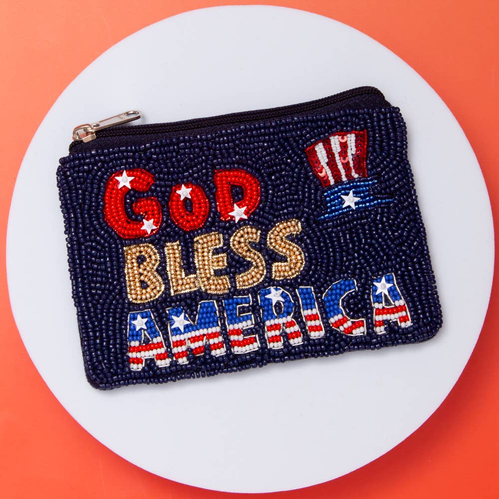 God Bless America Seed Beaded Coin Bag with Hat and Stars