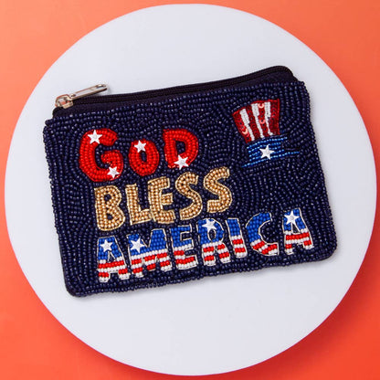 God Bless America Seed Beaded Coin Bag with Hat and Stars
