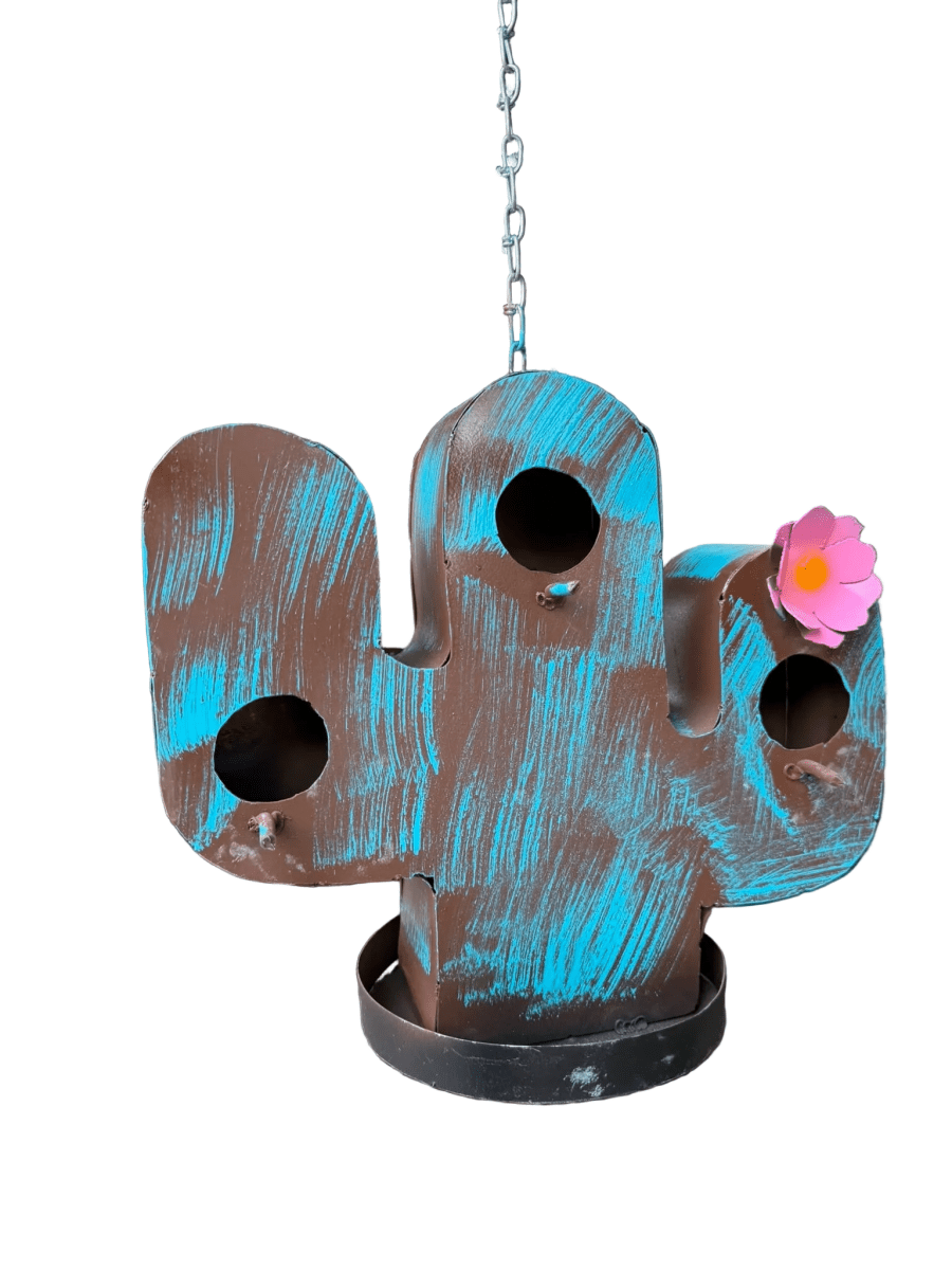 Cactus Shaped Metal Hanging Bird Feeder with Pink Flower - Nifty Decor & More