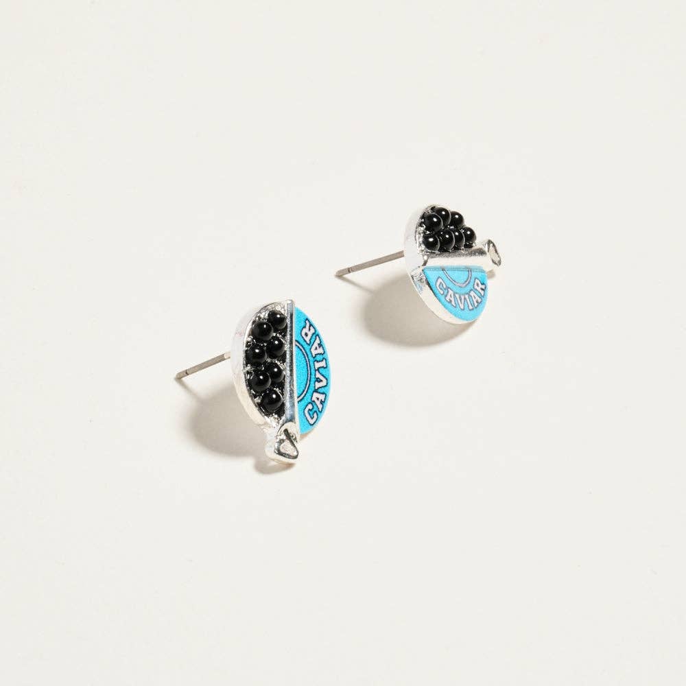 Pair of earrings with blue and black design on a white background