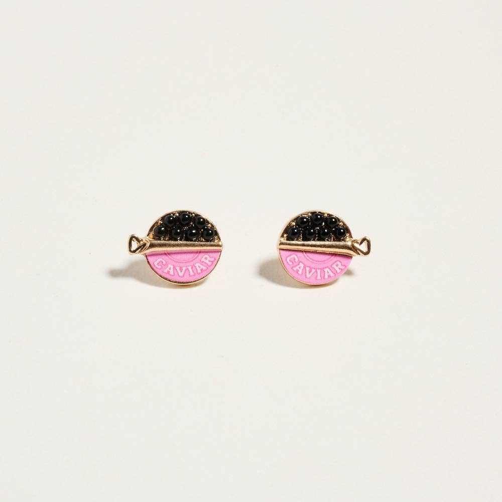 Pair of earrings with black and pink design on a white background