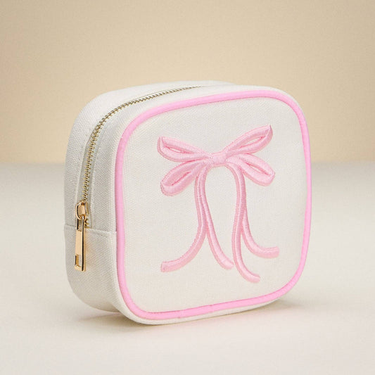 Stylish Canvas Bow Pouch with Pink Trim – Perfect for Coins & Small Essentials – Gift for Teens & Ladies Cosmetic Bag