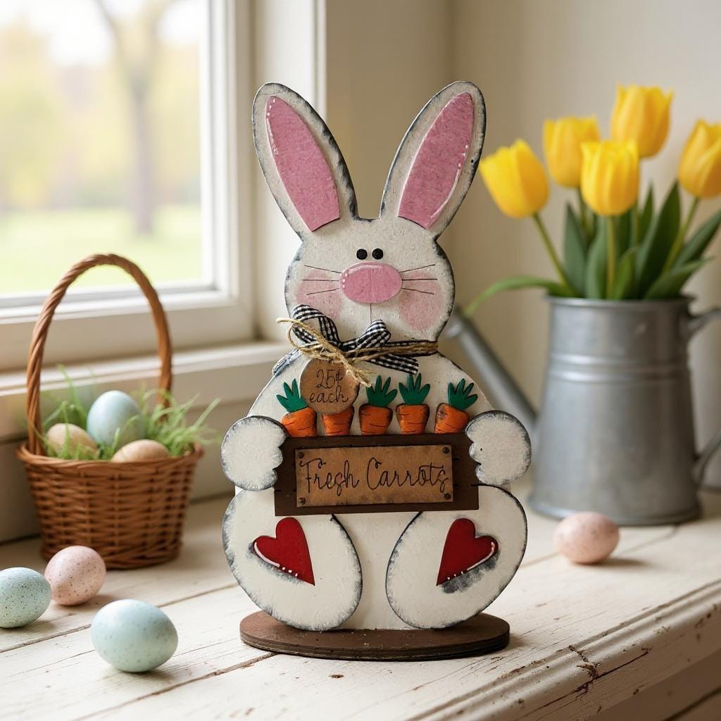 Carrot Patch Bunny Shelf Sitter Handmade Spring Decor Cute Bunny Figurine for Easter - Nifty Decor & More
