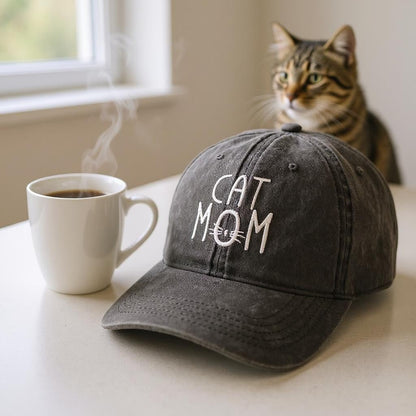 Cat Mom Hat Denim Cotton Adjustable Cap, Chic Everyday Wear for Proud Cat Ladies, Perfect Cat Mom Gift - Nifty Decor & More