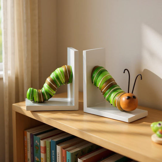 Caterpillar Bookends, 6.5" Cute Resin Animal Decor, Functional Book Holder, Unique Gift for Book Lovers Bookends