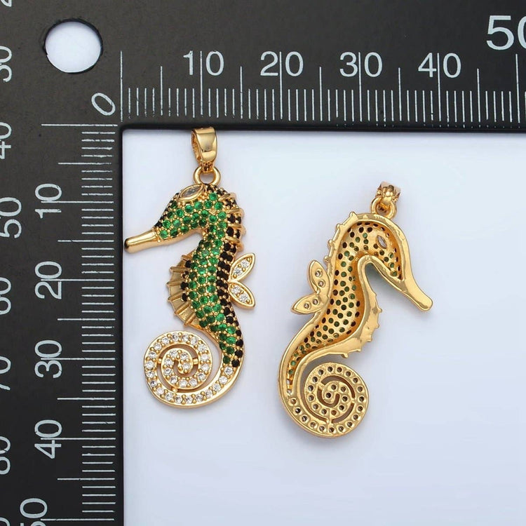 Green Sea Horse Pendant 24K Gold Filled Green Micro Paved Sea Horse Ocean Animal Pendant