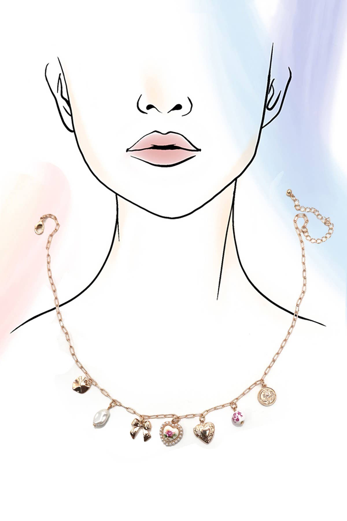 Rose Ceramic Porcelain Bow Heart Charm Link Necklace Bow Pendant Necklace