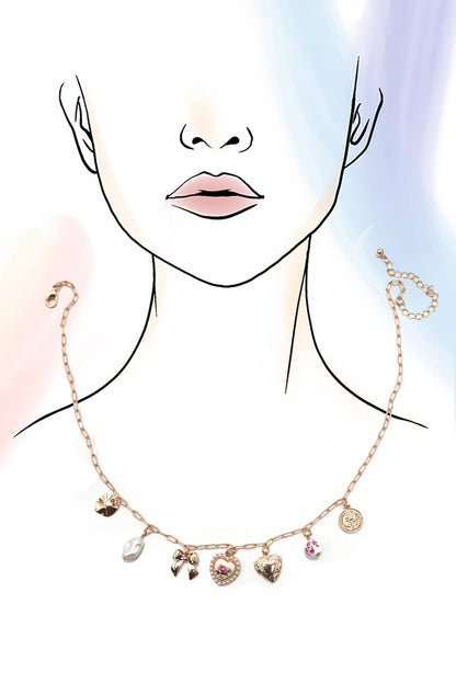 Rose Ceramic Porcelain Bow Heart Charm Link Necklace Bow Pendant Necklace