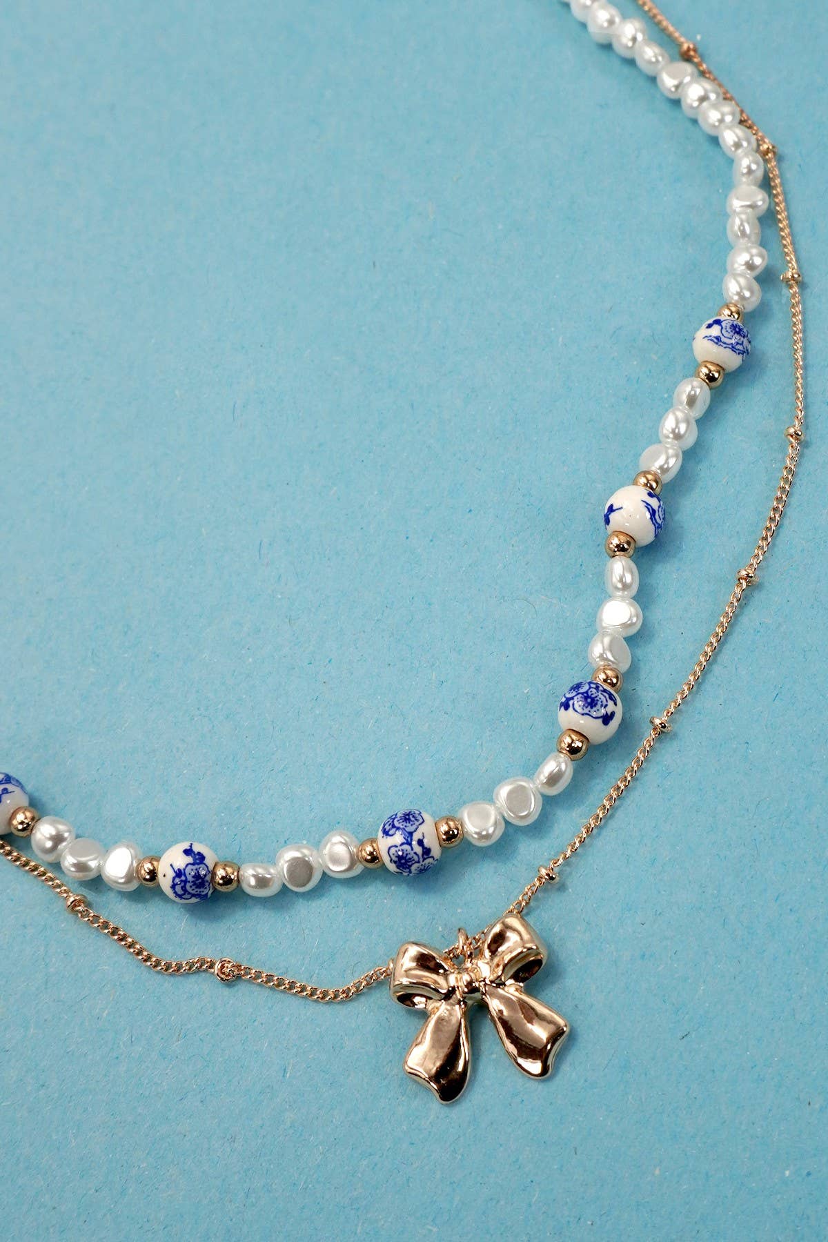 Ceramic Porcelain Pearl Bow Layer Necklace - Nifty Decor & More