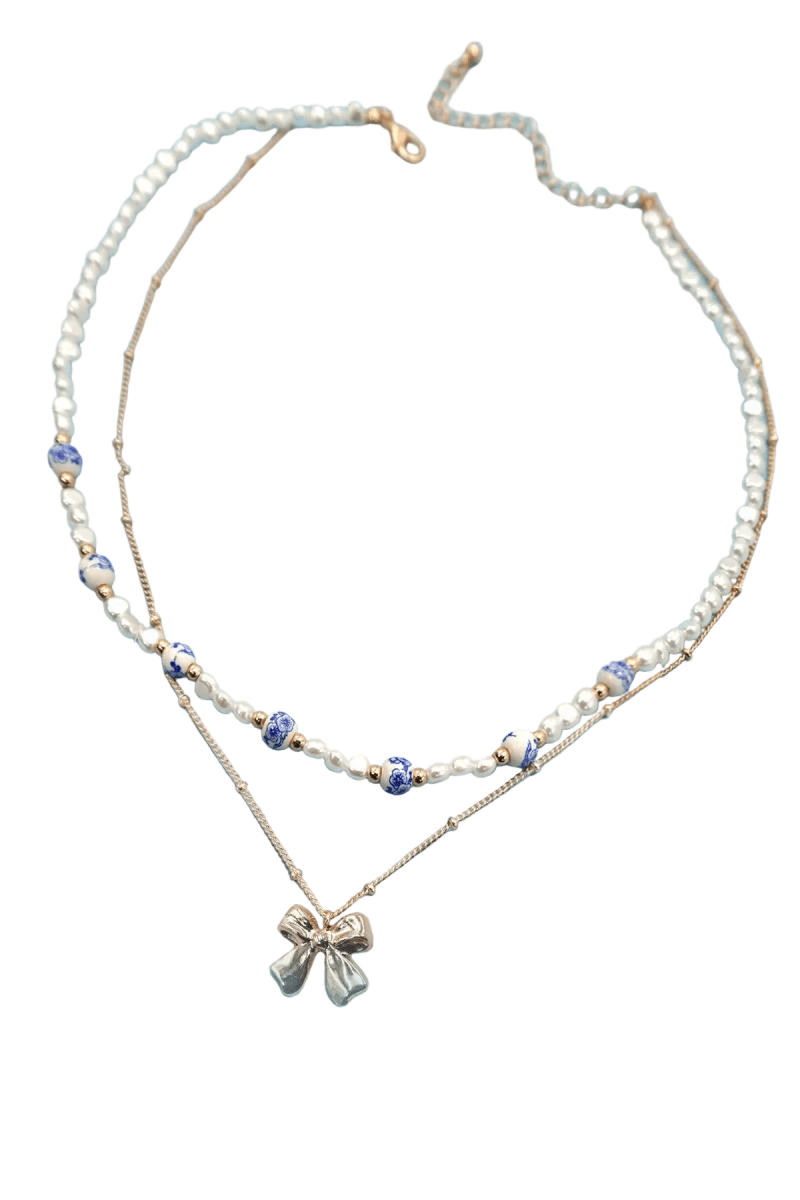 Ceramic Porcelain Pearl Bow Layer Necklace - Nifty Decor & More