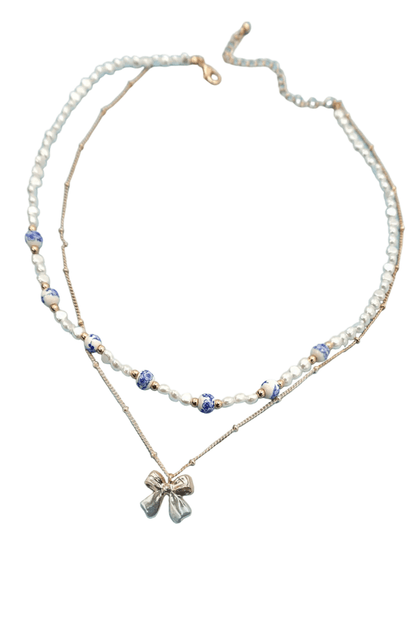Ceramic Porcelain Pearl Bow Layer Necklace - Nifty Decor & More