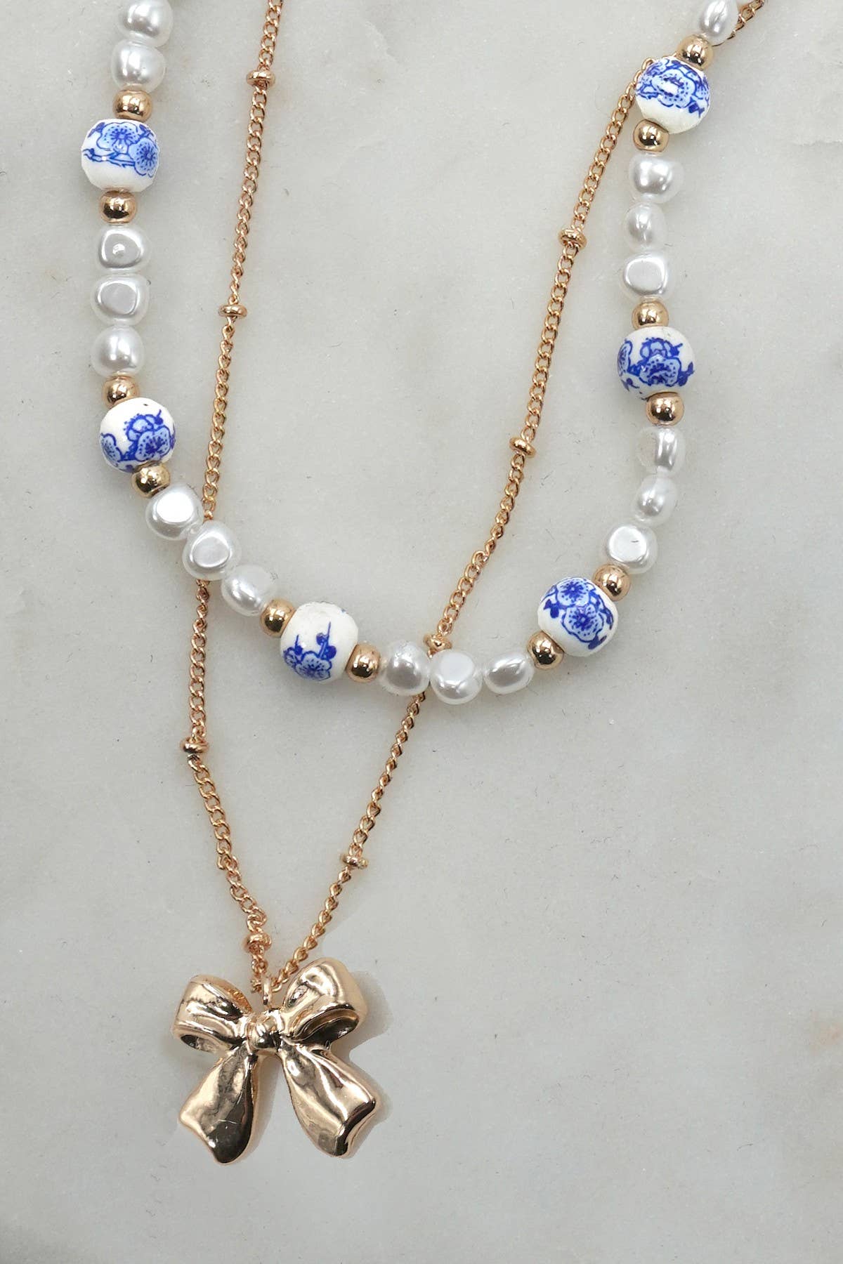 Ceramic Porcelain Pearl Bow Layer Necklace - Nifty Decor & More