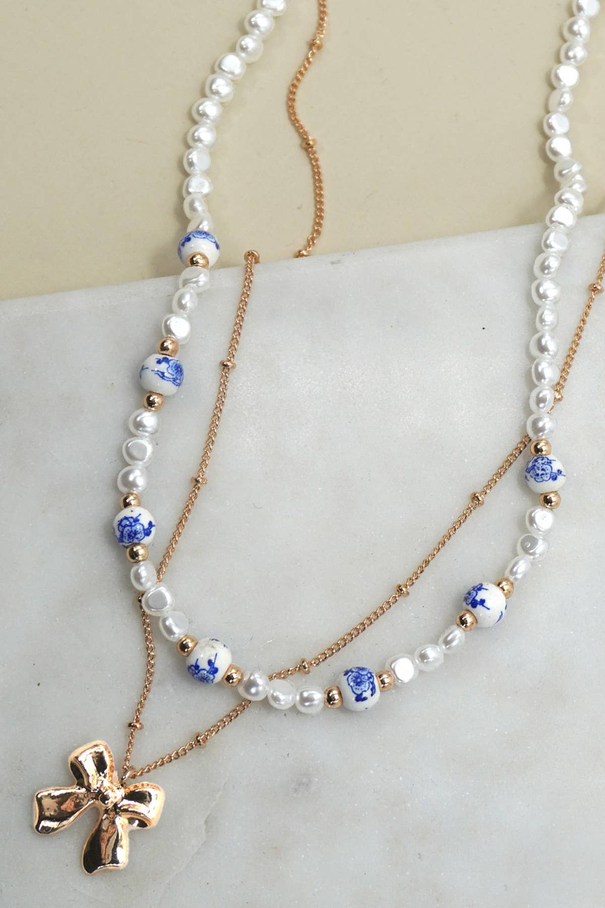 Ceramic Porcelain Pearl Bow Layer Necklace - Nifty Decor & More