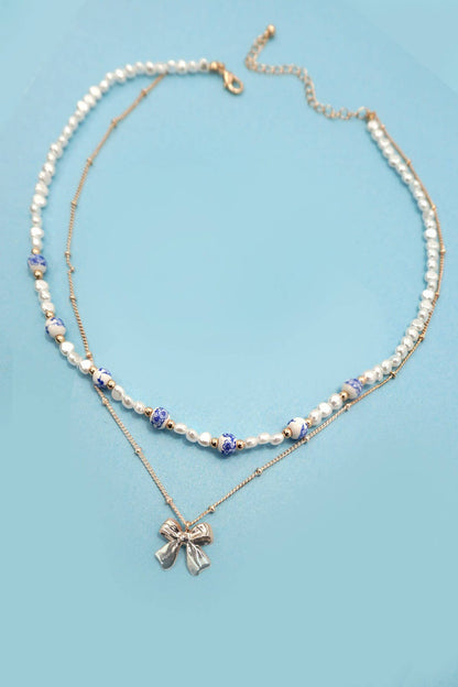 Ceramic Porcelain Pearl Bow Layer Necklace - Nifty Decor & More