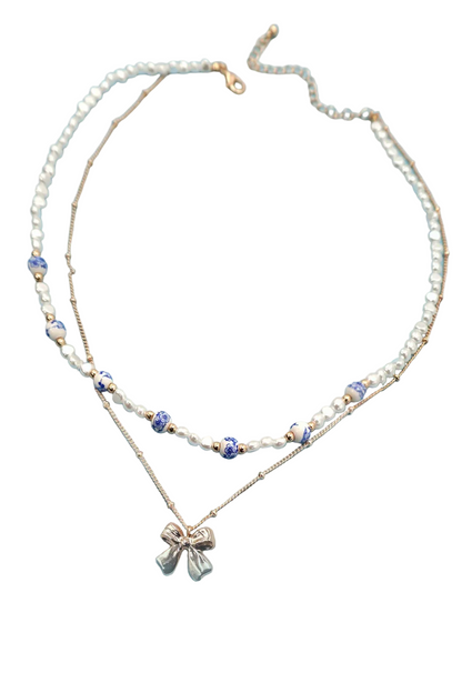 Ceramic Porcelain Pearl Bow Layer Necklace