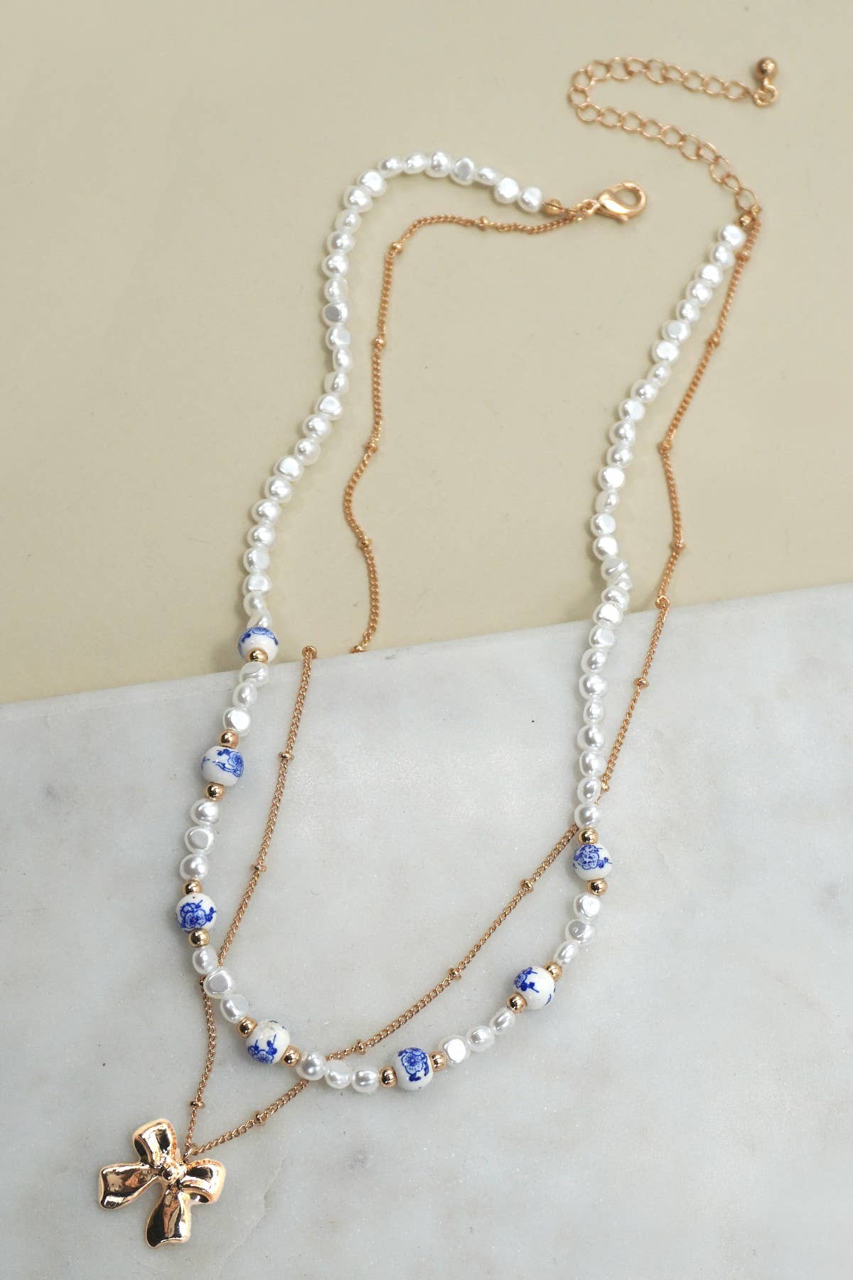 Ceramic Porcelain Pearl Bow Layer Necklace - Nifty Decor & More