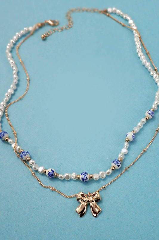 Ceramic Porcelain Pearl Bow Layer Necklace, Delicate Handmade Jewelry for Everyday Glam, Perfect Gift for Her - Nifty Decor & More
