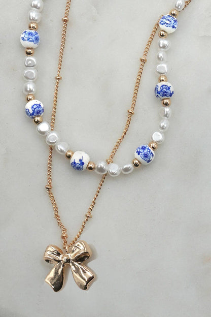 Ceramic Porcelain Pearl Bow Layer Necklace charm necklace