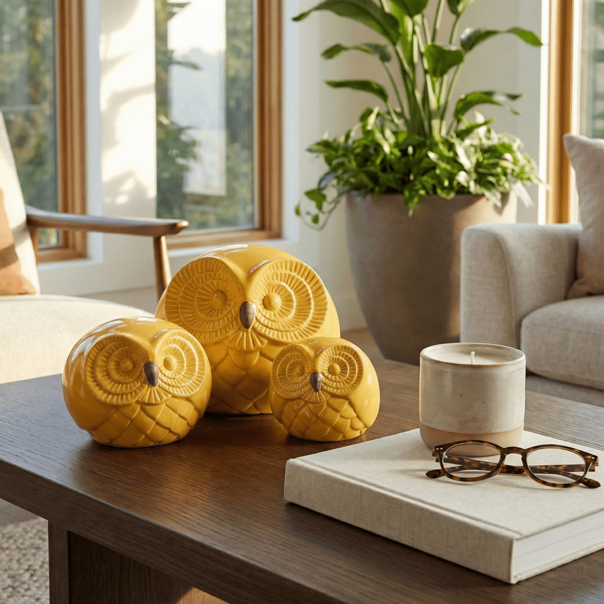 Ceramic Yellow Owls 3 PCS, 8 in. - Nifty Decor & More