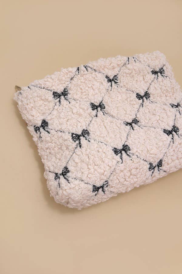 Bow Lamb Wool Cosmetic Pouch Bag, Soft & Stylish Makeup Organizer, Perfect Travel Gift for Her Cosmetic Bag