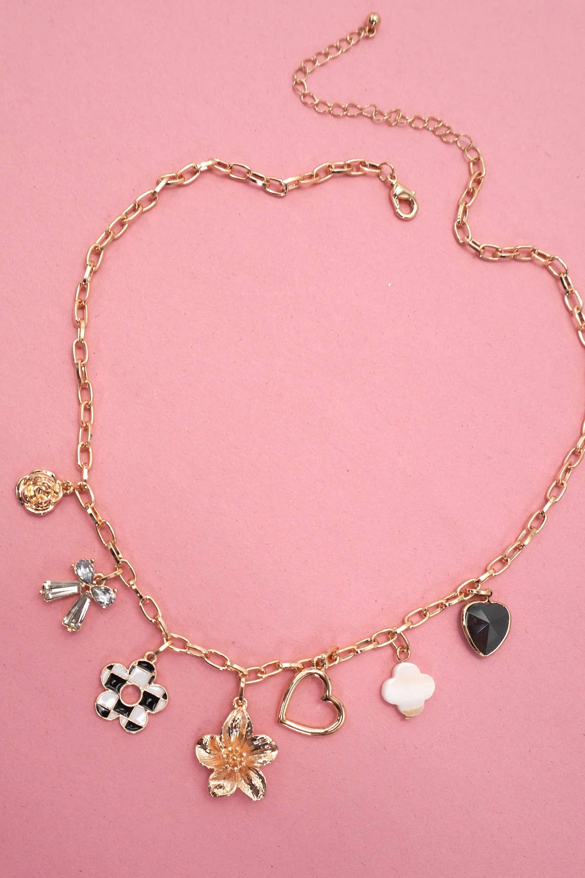 Charm Necklace-Bow Checker Heart Rhinestone